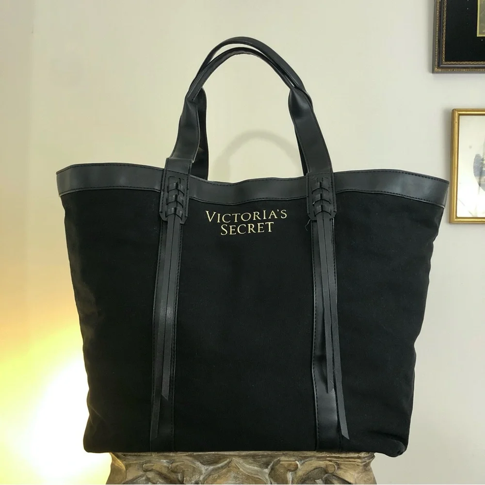 Extra Large Victoria’s Secret Black VS Tote Bag Shoulder Gold Faux Leather - Picture 11 of 11
